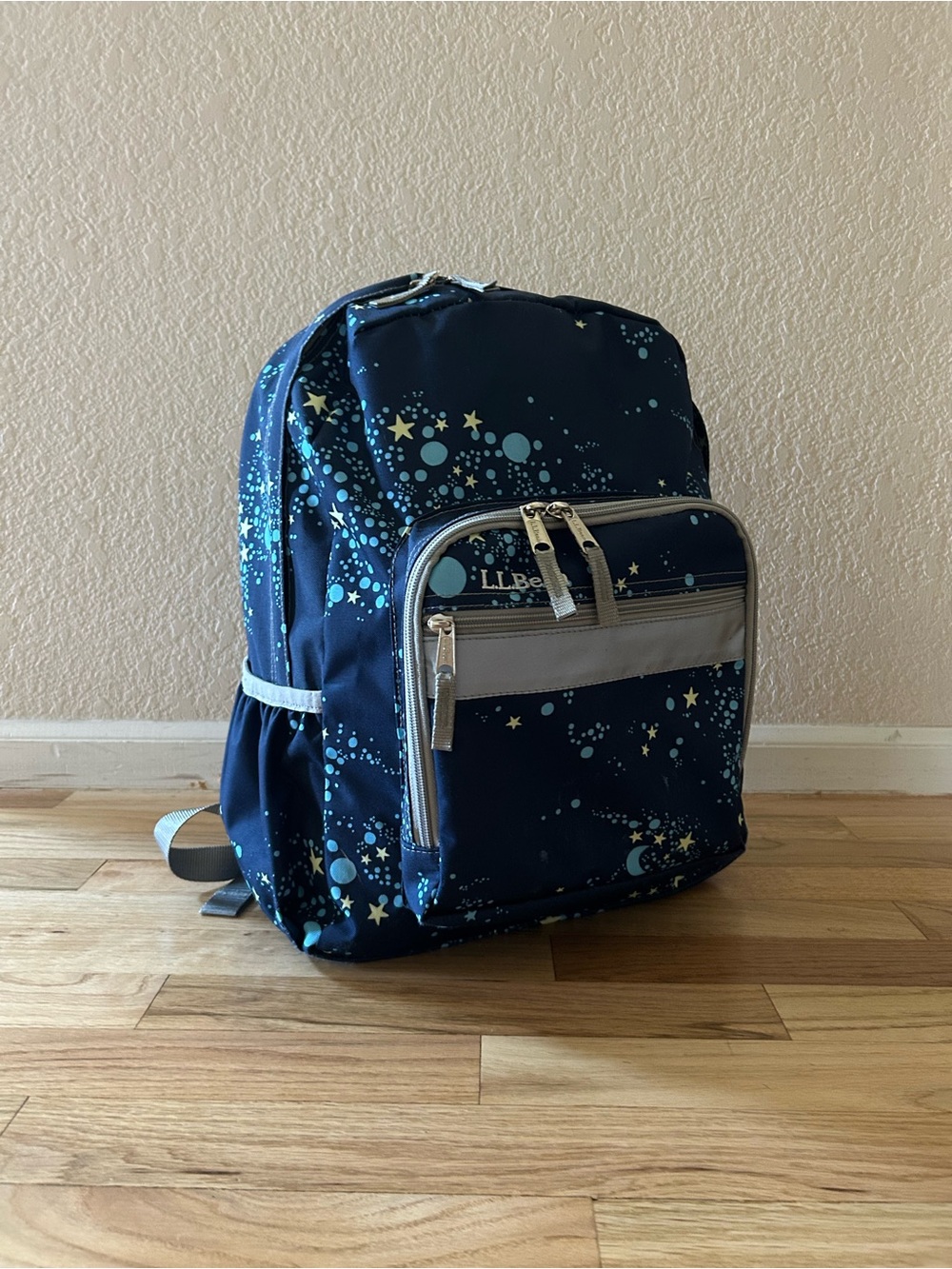 L.L. Bean Navy Star & Dot Print Backpack with Light Blue Accents